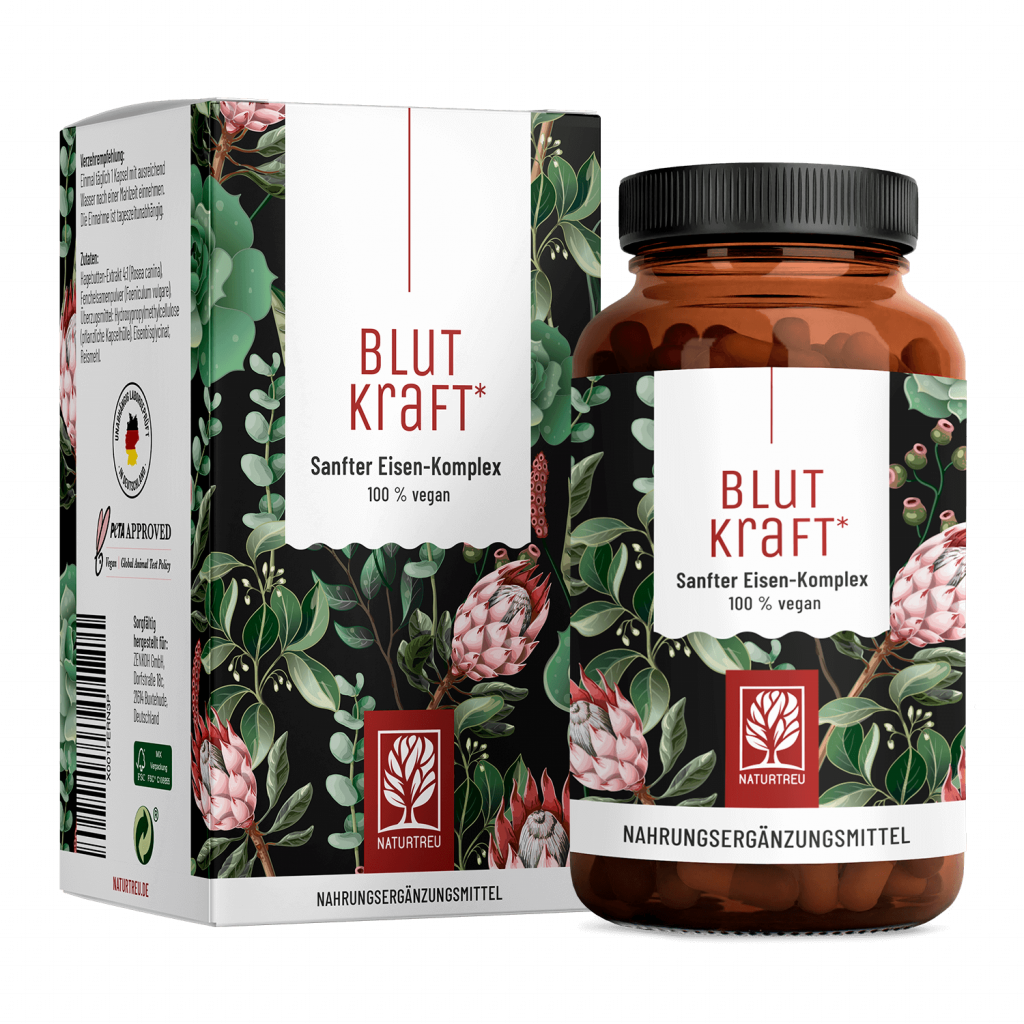 Naturtreu Blutkraft Eisenbisglycinat Hagebutten Vitamin C Fenchel 14 mg Eisen vegan Made in Germany