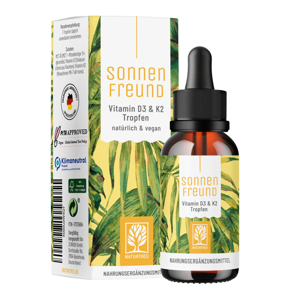 Naturtreu Sonnenfreund Vitamin D3 K2 Tropfen 1000 IE vegan aus Flechten Made in Germany