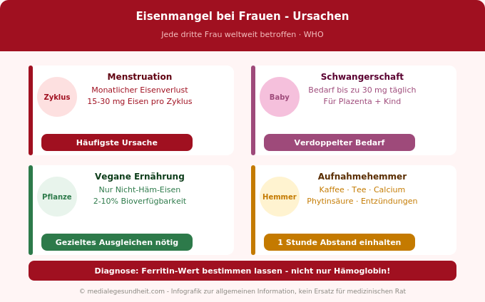 Eisenmangel Frauen Ursachen Menstruation Schwangerschaft vegan Risikogruppen Infografik