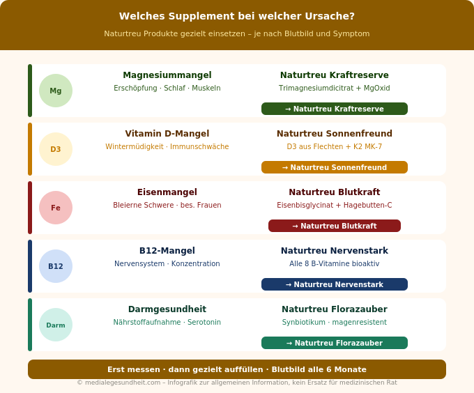 Müdigkeit Nährstoffmangel Checkliste welches Supplement Infografik