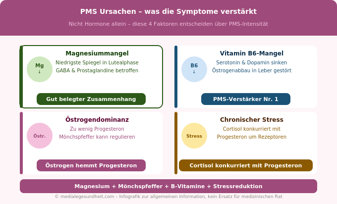 PMS Ursachen Hormonabfall Serotonin Magnesium Zusammenhang Infografik