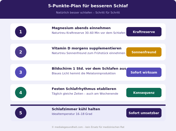 Schlaf natürlich verbessern 5 Punkte Plan Tipps Infografik