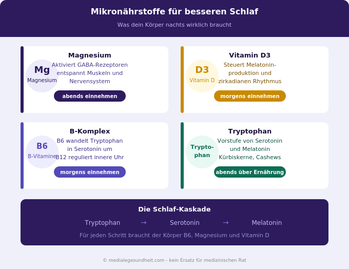 Schlaf natürlich verbessern Mikronährstoffe Magnesium Vitamin D Übersicht Infografik