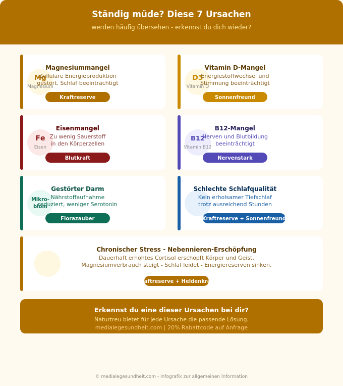 Ständig müde Ursachen Übersicht Nährstoffmangel Infografik