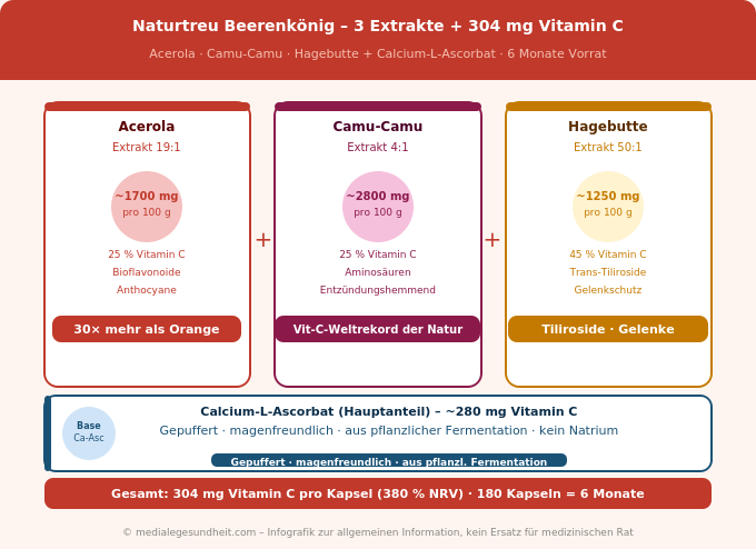 Naturtreu Beerenkönig Acerola Camu-Camu Hagebutte Vitamin C Bioflavonoide Infografik