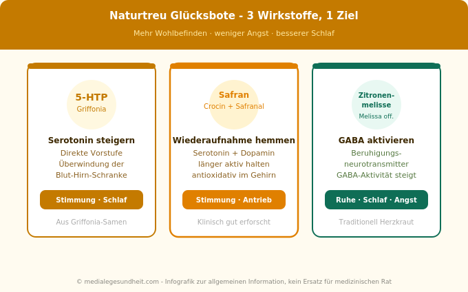 Naturtreu Glücksbote Wirkstoffe 5-HTP Safran Zitronenmelisse Übersicht Infografik