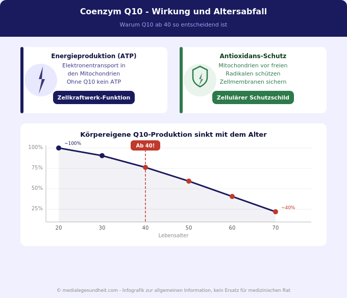 Coenzym Q10 Wirkung Mitochondrien Energieproduktion Altersabfall Infografik