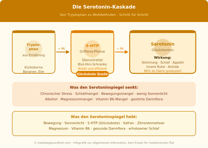 Serotonin Kaskade Tryptophan 5-HTP Stimmung natürlich verbessern Infografik