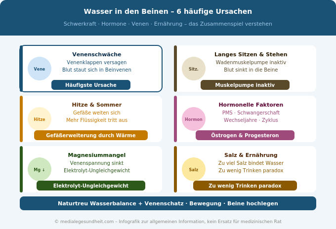 Wasser in den Beinen Ursachen Übersicht Venenschwäche Hormone Infografik