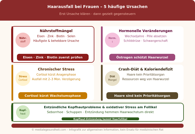 Haarausfall Ursachen Frauen Nährstoffmangel Hormone Stress Übersicht Infografik