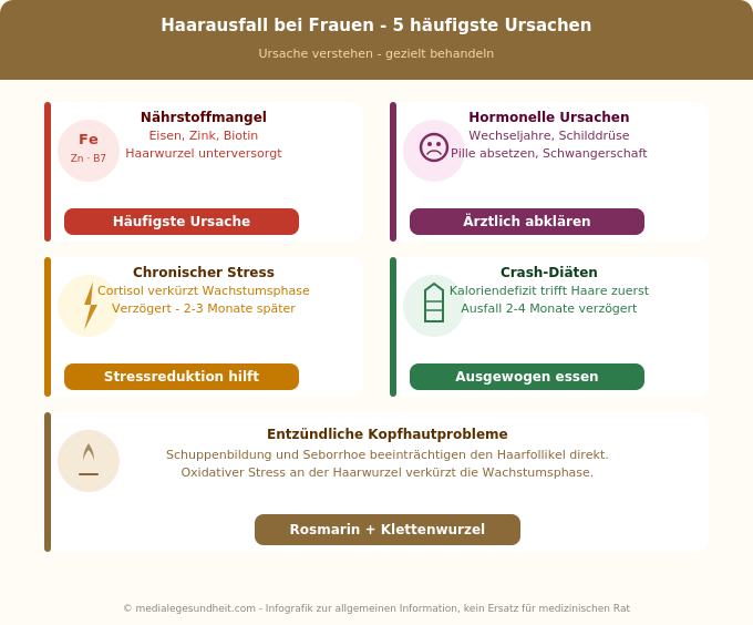 Haarausfall Ursachen Frauen Nährstoffmangel Hormone Stress Übersicht Infografik
