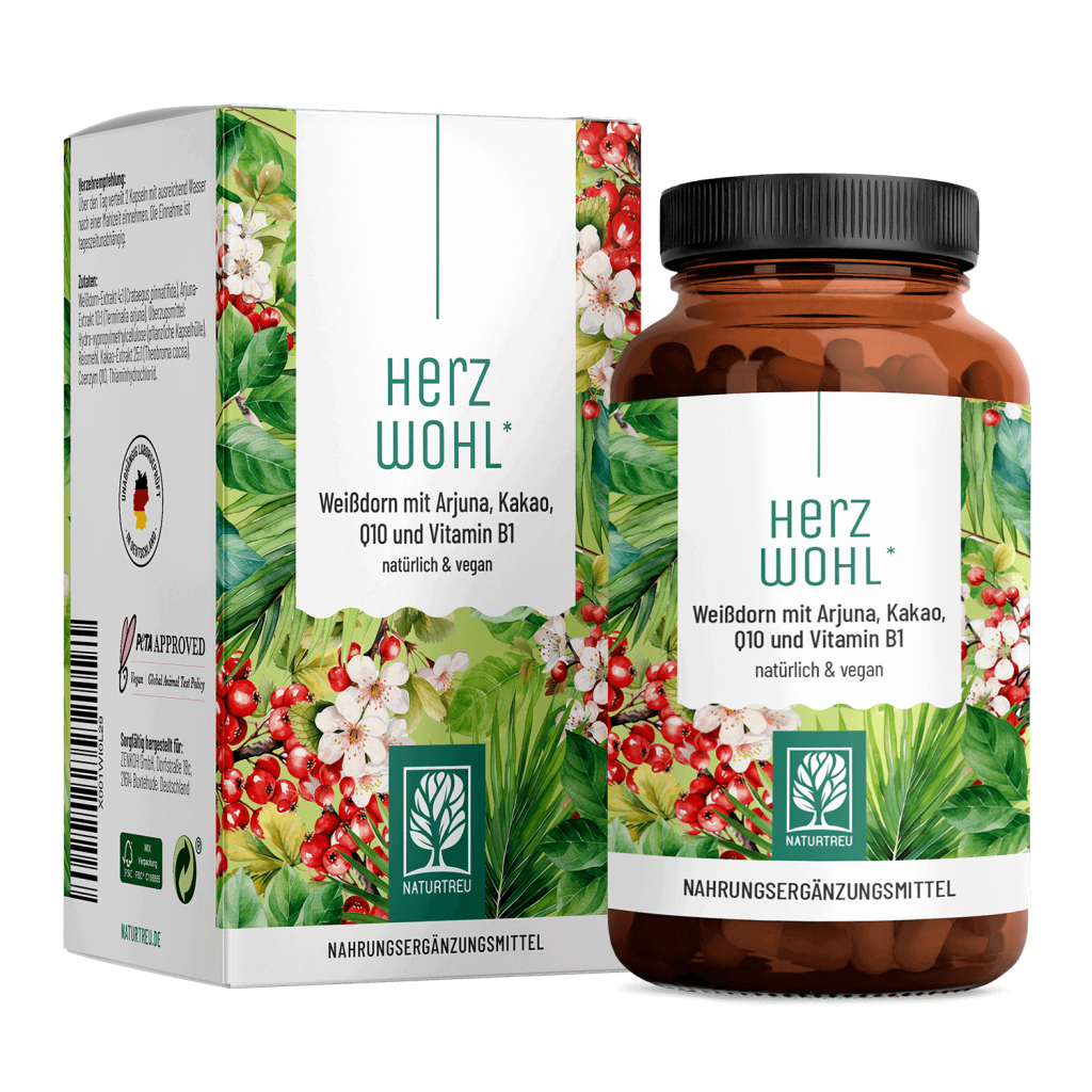 Naturtreu Herzwohl Weißdorn Arjuna Kakao Q10 Vitamin B1 Herz Kreislauf vegan Made in Germany