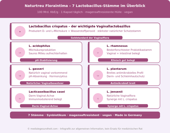 Floraintima 7 Lactobacillus Stämme Übersicht vaginale Intimflora Infografik