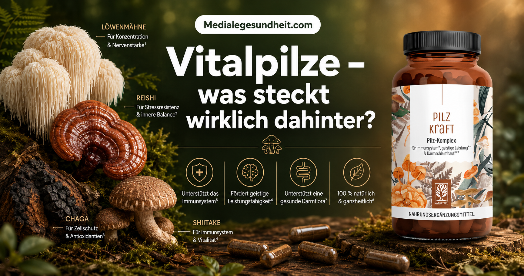 Vitalpilze Wirkung – was Hericium, Reishi, Chaga und Shiitake leisten