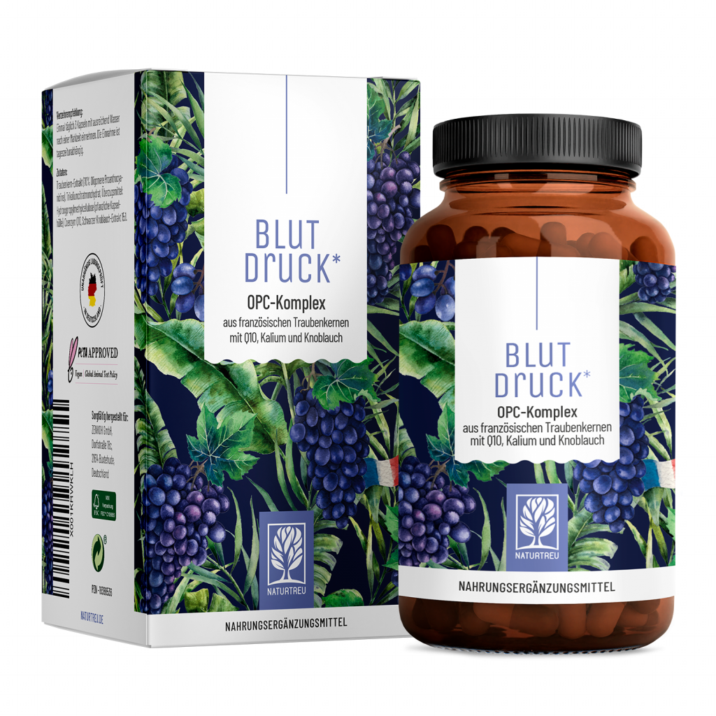 Naturtreu Blutdruck OPC Traubenkernextrakt Schwarzer Knoblauch CoQ10 Kalium 90 Kapseln vegan Made in Germany
