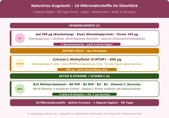 Naturtreu Kugelzeit 10 Inhaltsstoffe Schwangerschaft Folsäure 5-MTHF Eisen Jod Infografik
