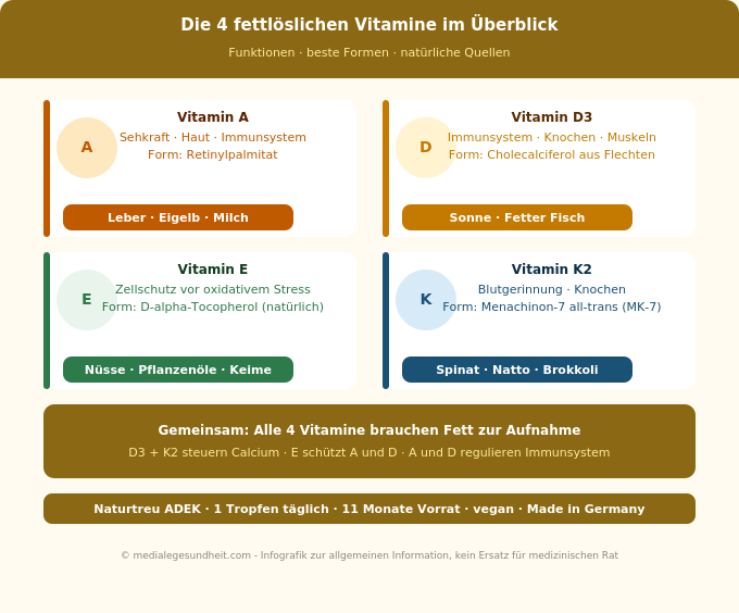 Vitamin A D E K fettlösliche Vitamine Funktionen Formen Infografik