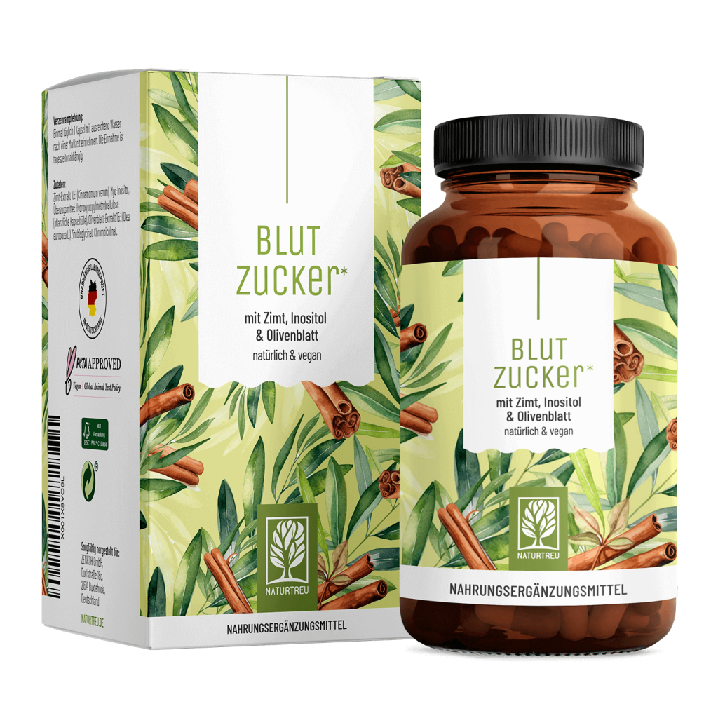 Naturtreu Blutzucker Komplex Ceylon-Zimt Myo-Inositol Olivenblatt Zink Chrom 90 Kapseln vegan Made in Germany