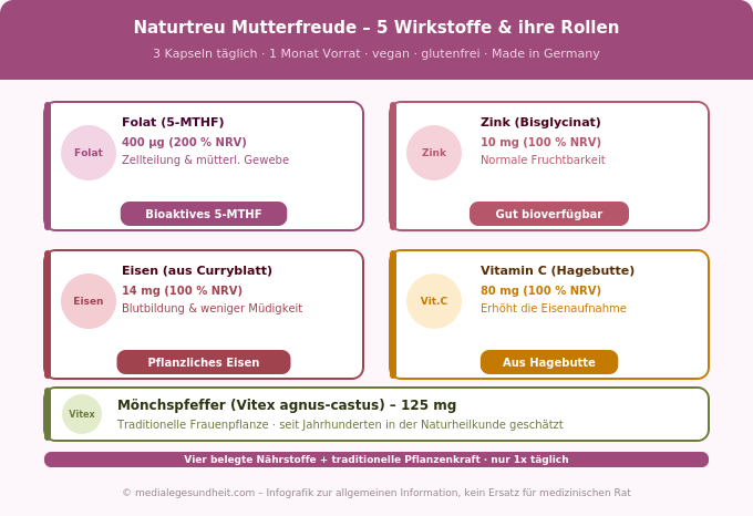 Naturtreu Mutterfreude Wirkstoffe Folat Zink Eisen Vitamin C Mönchspfeffer Dosierung Infografik