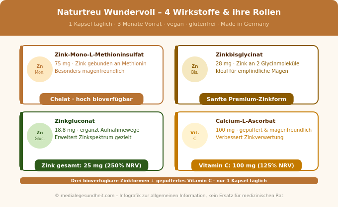 Naturtreu Wundervoll Wirkstoffe drei Zinkformen Vitamin C Dosierung Infografik