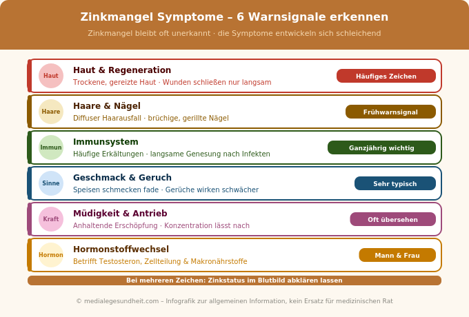 Zinkmangel Symptome Haut Haare Immunsystem Geschmack Energie Hormone Infografik