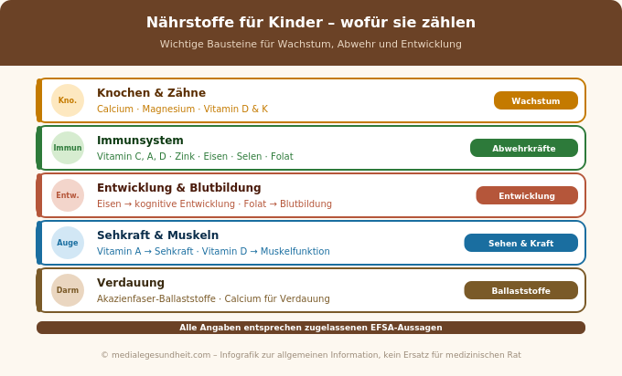 Nährstoffe für Kinder Knochen Immunsystem Entwicklung Sehkraft Infografik
