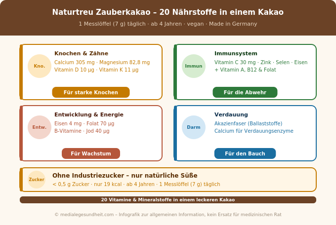 Naturtreu Zauberkakao 20 Nährstoffe Dosierung ohne Zucker Infografik
